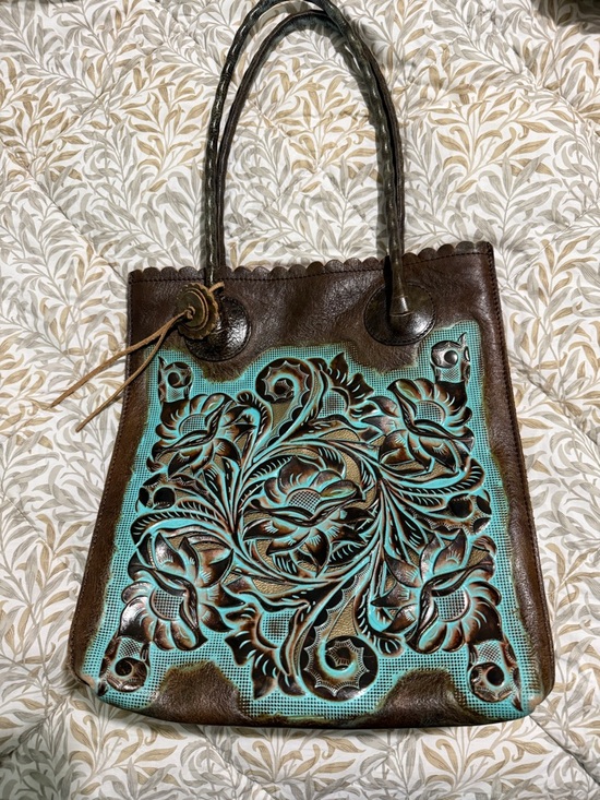 Patricia Nash Handbags - Patricia Nash Brown & Turquoise Hand-Tooled Leather Tote